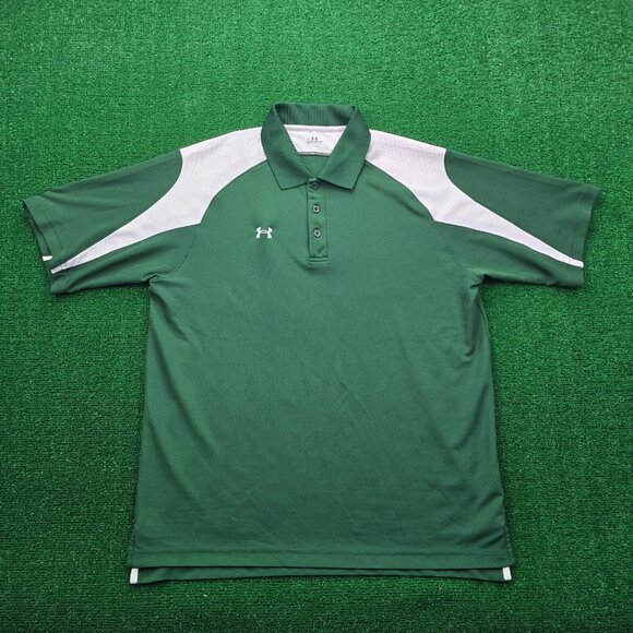 Under Armour Polo Shirt Mens Large Green‎ White Short Sleeve Golf Performance - Picture 1 of 9